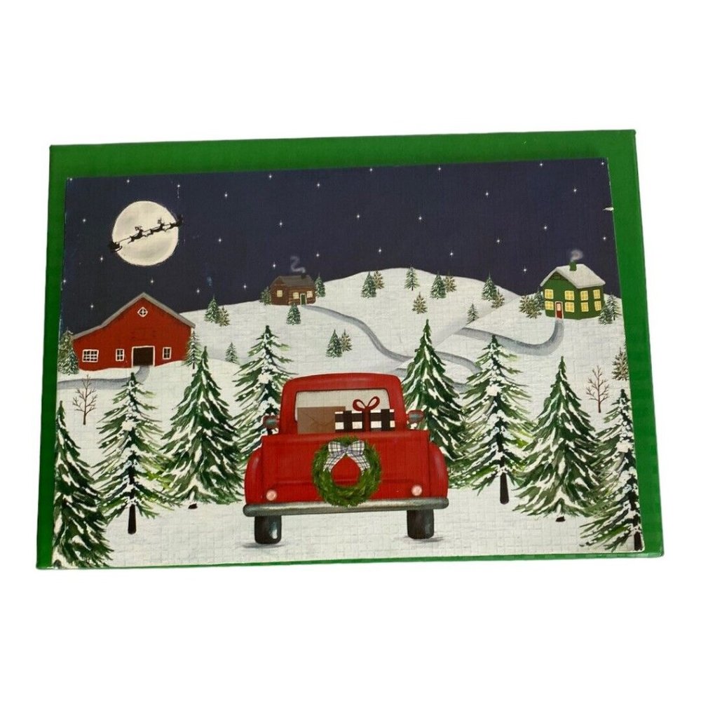 Christmas Cards Red Truck House 3 D Holiday 7" x 4" Snow Trees Reindeers NEW